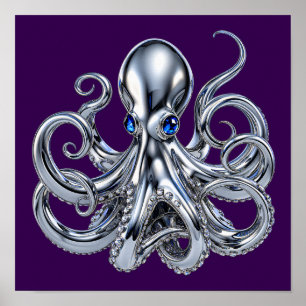 Affiche Poulpe Chrome Gothique avec Yeux de Saphir Fantais