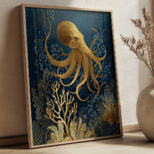 Affiche Poulpe Kintsugi sous-marin bleu marine et or