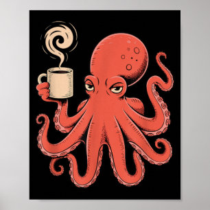Affiche Poulpe Kraken buvant du café le matin Hommes