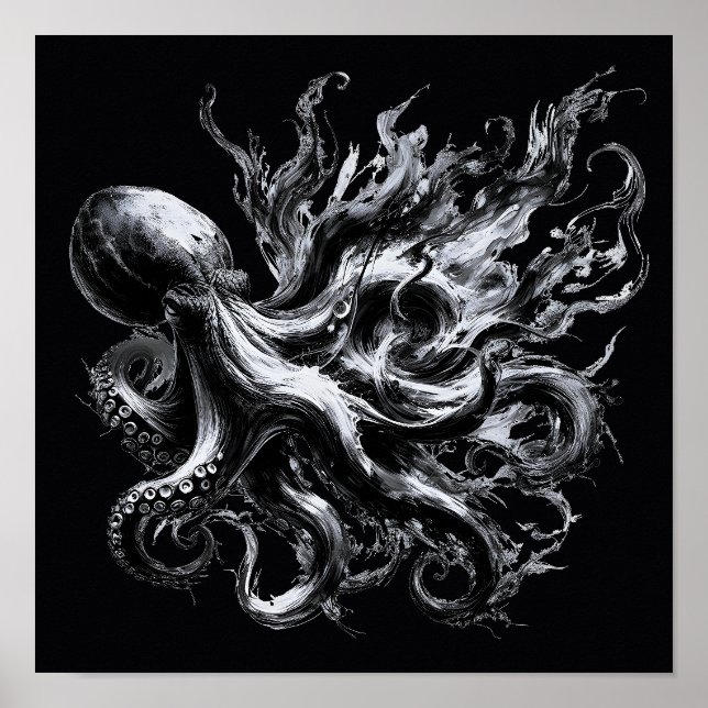 Affiche Poulpe Kraken Fluide Encre Abstraite (Devant)