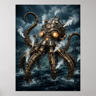 Affiche Poulpe mécanique Steampunk émergeant de l'océan