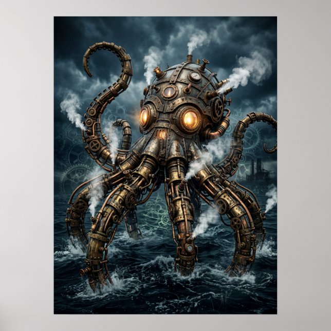 Affiche Poulpe mécanique Steampunk émergeant de l'océan (Devant)