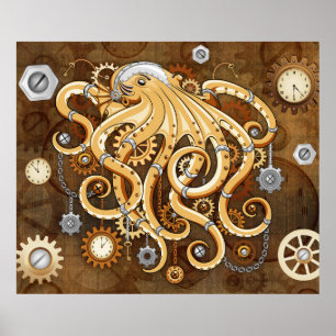 Affiche Poulpe Steampunk Rétro Fantastique Mécanique