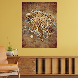 Affiche Poulpe Steampunk Rétro Fantastique Mécanique