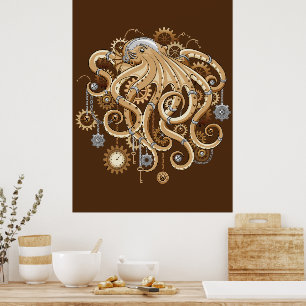 Affiche Poulpe Steampunk Rétro Fantastique Mécanique