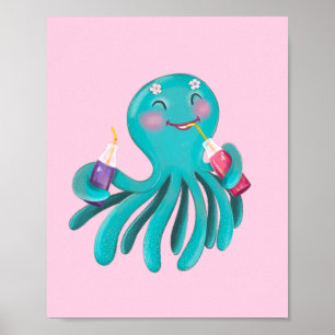 Affiche Poulpe Turquoise Mignon Buvant du Jus Graphique