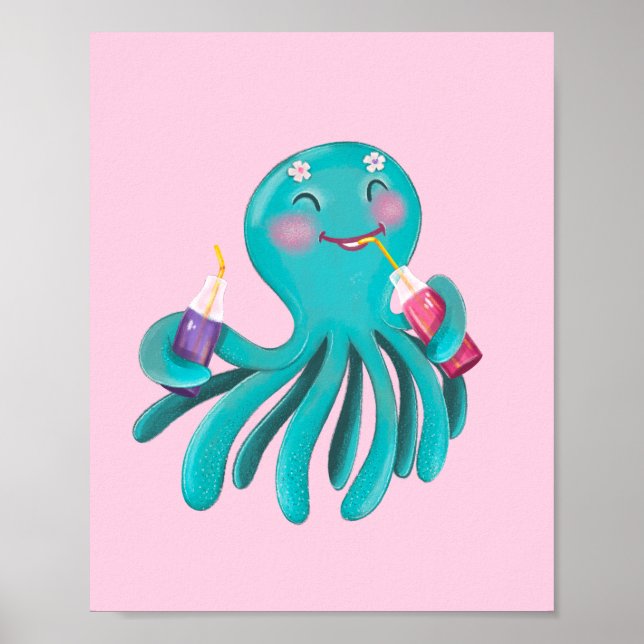 Affiche Poulpe Turquoise Mignon Buvant du Jus Graphique  (Devant)