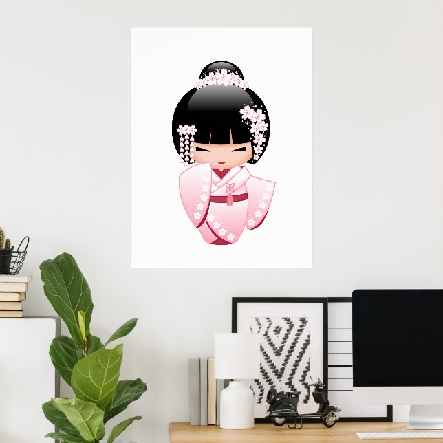 Affiche Poupée blanche Kimono Kokeshi - mignonne Geisha Gi (Bureau à domicile)