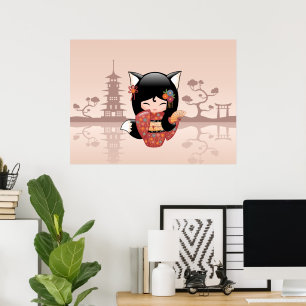 Affiche Poupée de Kitsune Kokeshi - fille mignonne de Fox