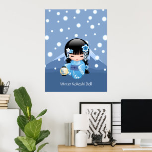 Affiche Poupée de Kokeshi d'hiver - fille de geisha bleue
