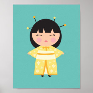 Affiche Poupée japonaise de Kimono jaune