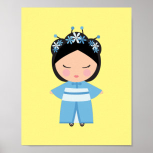Affiche Poupée japonaise en kimono bleu  