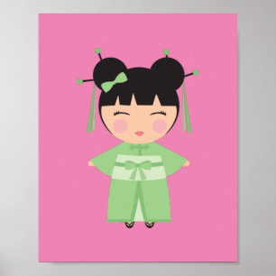 Affiche Poupée japonaise en kimono vert  