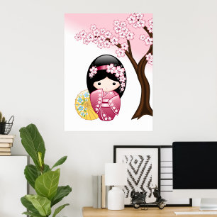 Affiche Poupée Kokeshi de printemps - Jolie fille geisha j