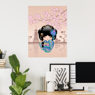 Affiche Poupée Kokeshi Keiko - Fille Geisha en Kimono Bleu