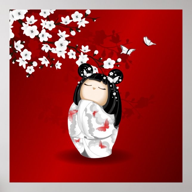 Affiche Poupée Kokeshi Rouge Noir Blanc Cerisier Fleurs (Devant)