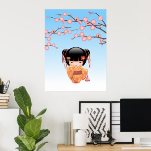 Affiche Poupée Kokeshi Ume - Fille Geisha Japonaise Bleue