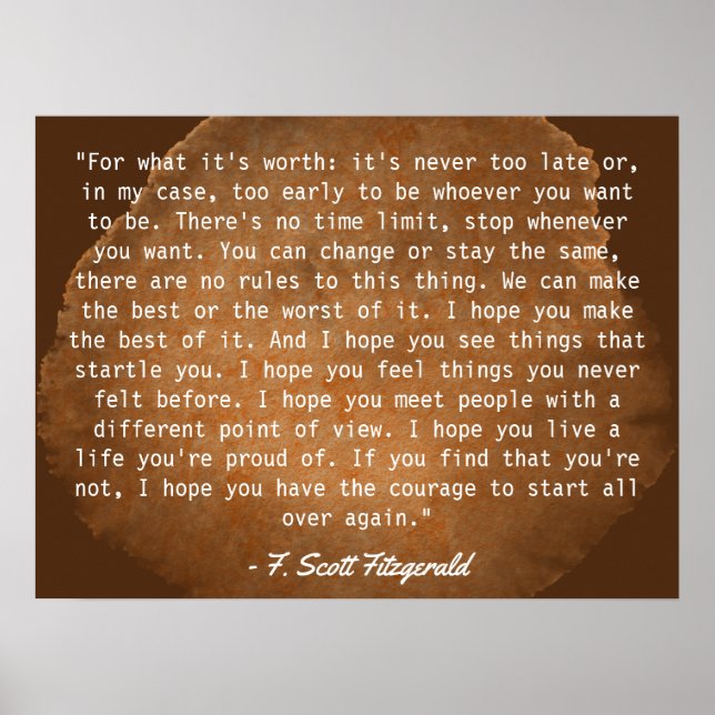 Affiche Pour ce que ça vaut F. Scott Fitzgerald Citation (Devant)