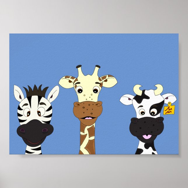 Affiche pour enfants de vache girafe zèbre dessin  (Devant)
