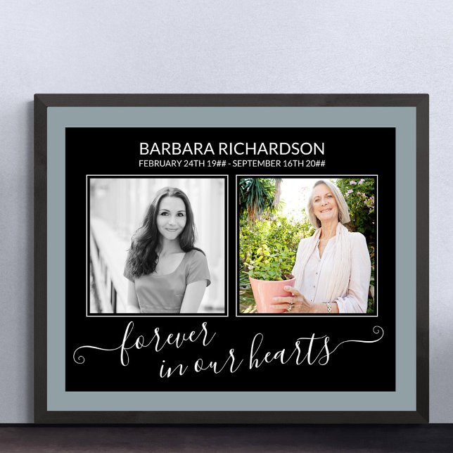 Affiche Pour toujours dans nos coeurs Élégant Script Photo (Funeral memorial poster to order professionally printed or as a printable digital download)