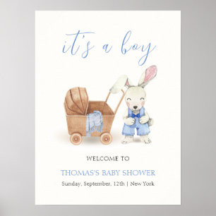 Affiche Poussette bohème Lapin Garçon Baby Shower Bienvenu