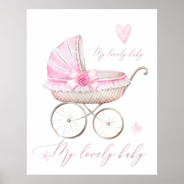 Affiche Poussette Fille Nouveau-Né Nursery Aquarelle Rose (Devant)