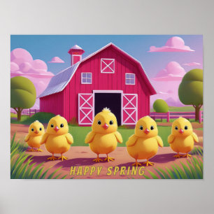Affiche Poussins joyeux de printemps dans la basse-cour