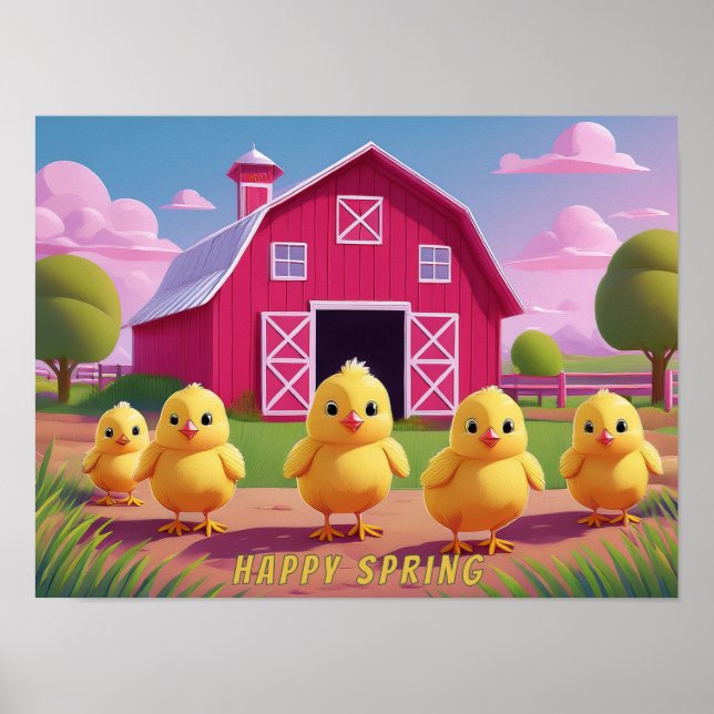 Affiche Poussins joyeux de printemps dans la basse-cour (Devant)