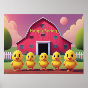Affiche Poussins joyeux de printemps dans la basse-cour