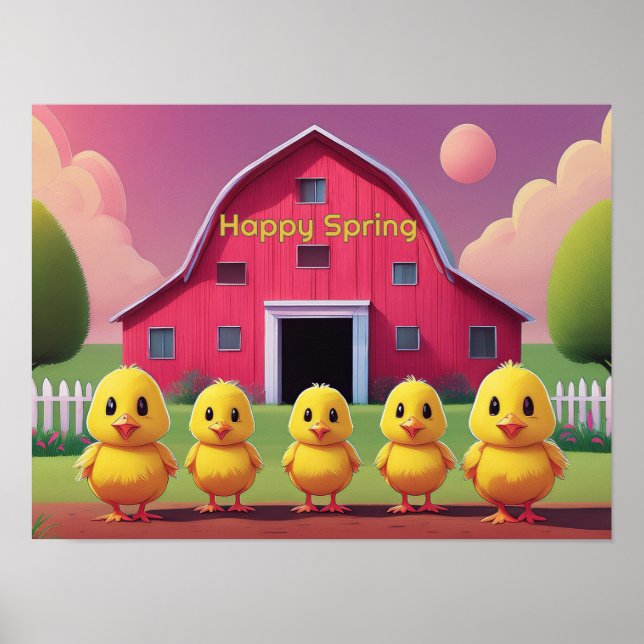 Affiche Poussins joyeux de printemps dans la basse-cour (Devant)
