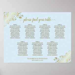 Affiche Powder Blue & Gold 7 Table Wedding Seating Chart