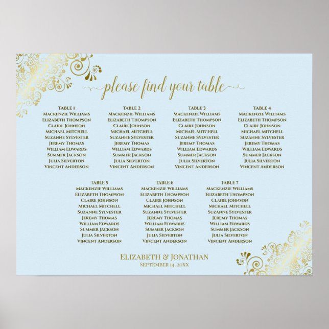 Affiche Powder Blue & Gold 7 Table Wedding Seating Chart (Devant)