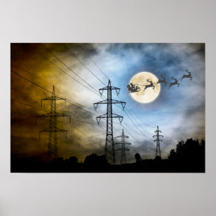 Affiche Power Lines, Père Noël et Pleine lune Noël