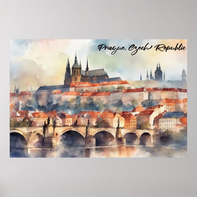 Affiche Prague Czech Republic Watercolor Panorama View (Devant)
