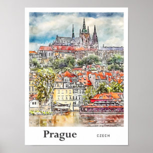 Affiche Prague Tchèque Aquarelle Sketch Main