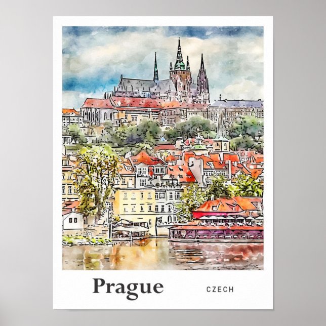Affiche Prague Tchèque Aquarelle Sketch Main (Devant)