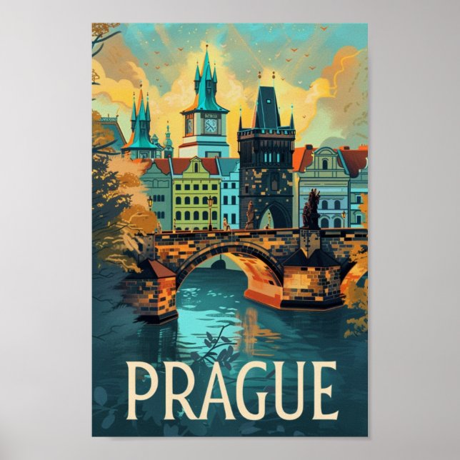 Affiche Prague Tchèque Vintage Lieu de Voyage célèbre (Devant)