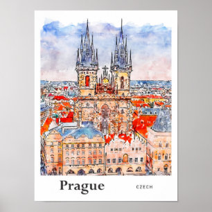 Affiche Prague Tchèque Voyage Aquarelle main tirée