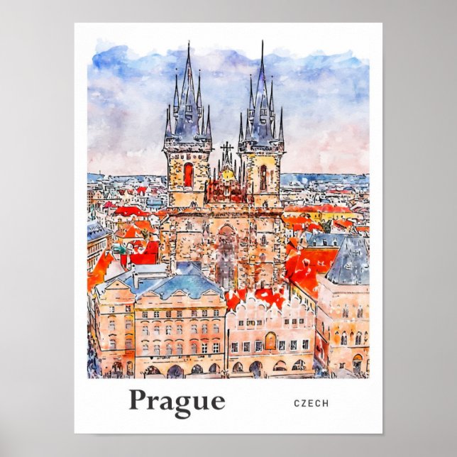 Affiche Prague Tchèque Voyage Aquarelle main tirée (Devant)