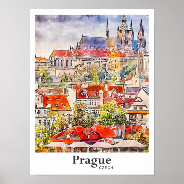 Affiche Prague Tchèque Voyage Aquarelle main tirée (Devant)