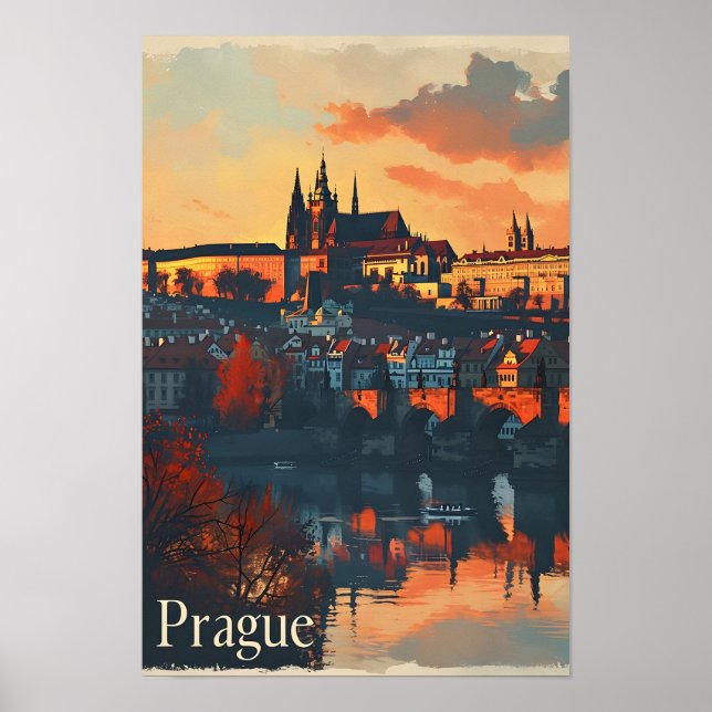 Affiche Prague vintage : Carte postale du Pont Charles (Devant)