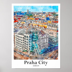 Affiche Praha City Tchèque Voyage Aquarelle main tirée