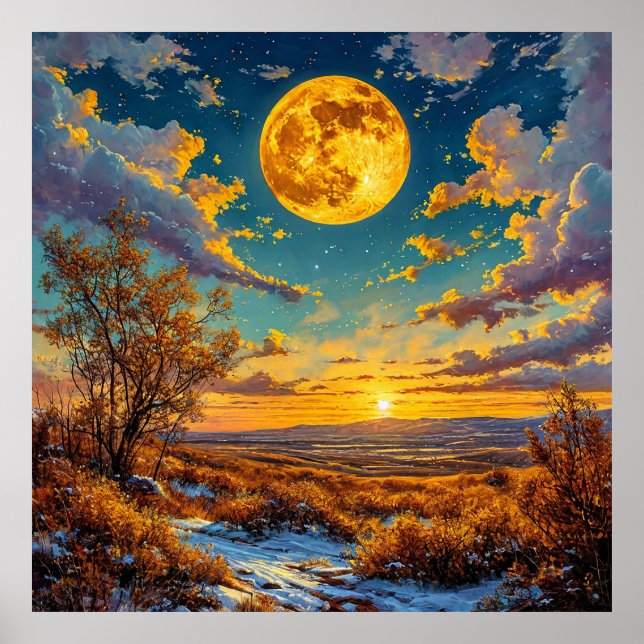 Affiche 🌕 Prairie Arbre Coucher de Lune Dorée Naturelleme (Devant)