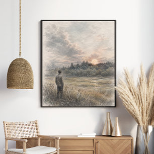 Affiche Prairie de coucher de soleil Nature boisée graph