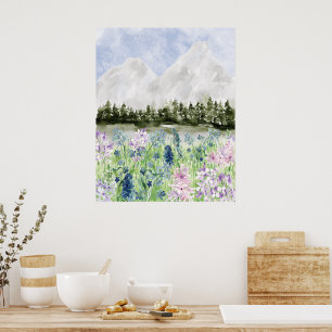 Affiche Prairie de fleurs bleues violettes à l'aquarelle s