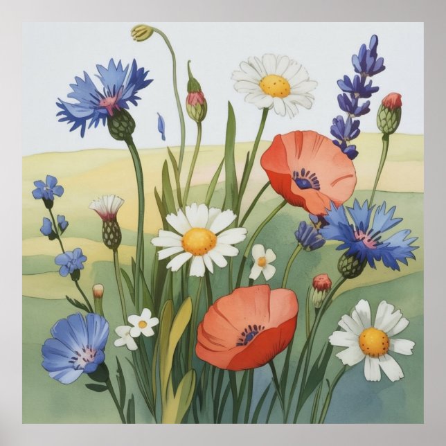 Affiche Prairie de Fleurs Sauvages Aquarelle (Devant)