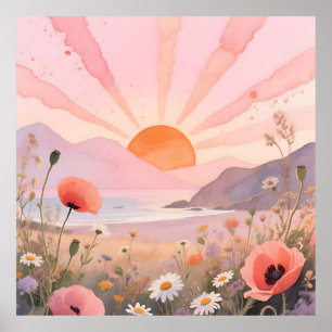 Affiche Prairie de Fleurs Sauvages au Coucher de Soleil Pa