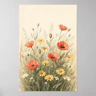 Affiche Prairie de fleurs sauvages corail et jaune beurre