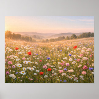 Affiche Prairie de fleurs sauvages ensoleillée au lever de