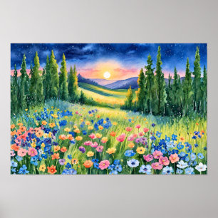 Affiche Prairie de fleurs sauvages étoilée à l'aube
